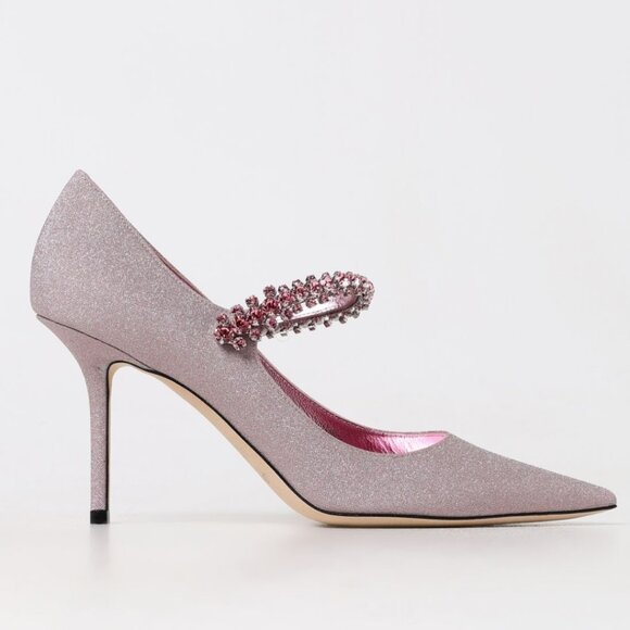 Jimmy Choo Bing 85 Pumps Sz 37 Pink Glitter Crystal Embellished Pointed Toe - Picture 2 of 14